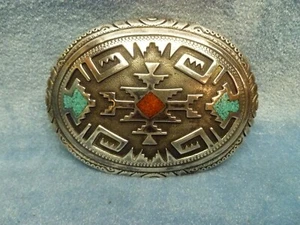 Hebilla Navajo Vintage Plata Turquesa Coral Tommie Charlie - Imagen 1 de 7