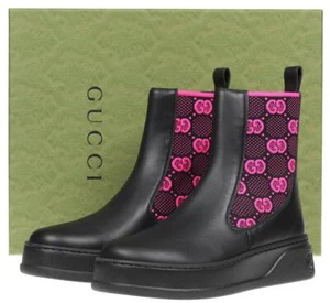 NEW GUCCI BLACK LEATHER GG FUCHSIA INSERT BOOTS SHOES 38/US 8 - Picture 1 of 7