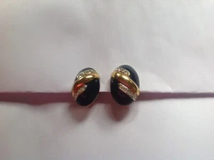 Vintage clip-on earrings (dark blue enamel,gold tone,diamante) - Picture 1 of 1