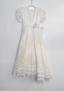 Girls White Satin & Organza Flower Girl Dress With Puff Sleeves & Bow Accent - Picture 1 of 8