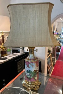 Tischlampe,handbemalt, China?, 19 Jhdt.,Porzellan u.Messing, Stoff-Lampenschirm - Bild 1 von 8