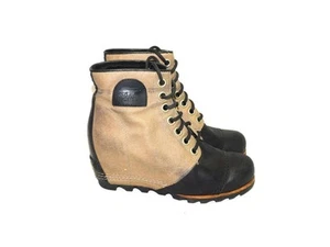 Sorel 7.5 Brown Black PDX Wedge Heel Ankle Boots Lace Up Booties EU 38.5 - Picture 1 of 12