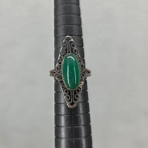 Vintage Sterling Silver Green Stone Filigree Ring Size 5 Statement Jewelry - Picture 1 of 12