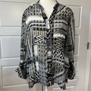 Blusa Estampado Abstracto Transparente Abotonada Manga Larga Top Negro Blanco - - Imagen 1 de 7