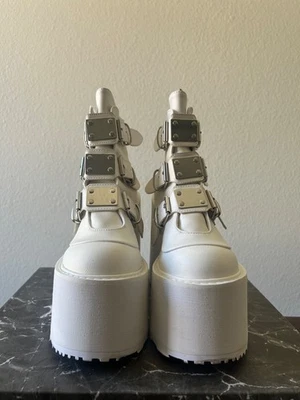 Demonia Swing-105 Platform Boots White Vegan Leather Size 8 Alt Cyber Goth - Image 1 of 4