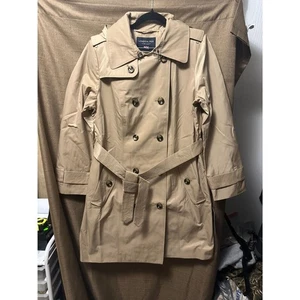 Neu mit Etikett London Fog klassischer Damen-Trenchcoat mit Kapuze Größe Large britisches Khaki  - Bild 1 von 6