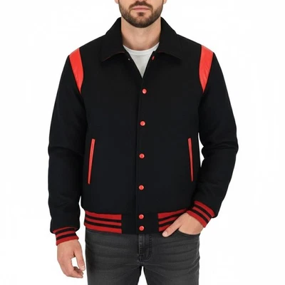 Varsity Letterman Black Wool & Red Leather Stripes Bomber Retro Baseball Jacket - Image 1 of 2