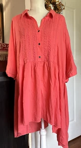 Terra & Sky Babydoll Tunic Sz 4X Coral Gauze Blouse Sharkbite Hem Lace Front - Picture 1 of 12