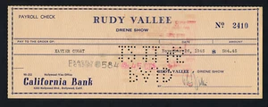 RUDY VALLEE SIGNED 1945 DRENE RADIO SHOW PAYROLL CHECK PAYABLE TO XAVIER CUGAT - Picture 1 of 2
