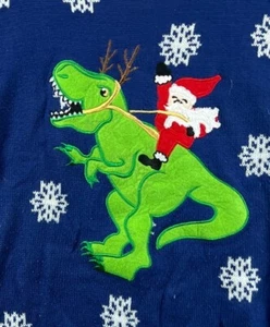 Joyland Boys Large Ugly Christmas Sweaters Santa Riding Dino Blue Long Sleeve - Picture 1 of 9