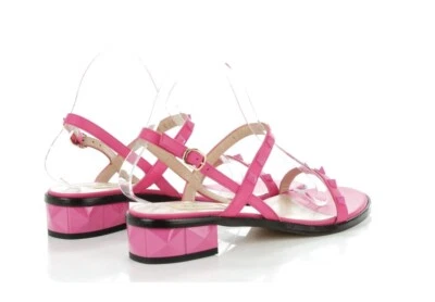 Valentino Garavani Calfskin Rock Stud Slingback Block Heel Sandals Pop Fuxia 37 - Image 1 of 4