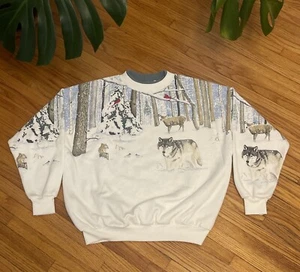 Sudadera De Colección Años 90 Mediana Artesanos AOP Nieve Invierno Bosque Lobo Cuello Redondo EE. UU. - Imagen 1 de 10
