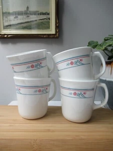 4 Tempered Glass Mug Blue and Pink Flowers Princeton by Corning USA 70-80s - Picture 1 of 11