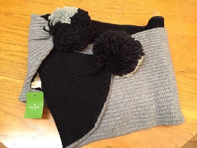 BUFANDA KATE SPADE MEZCLA LANA/CACHEMIRA POM POM NEGRO/GRIS NUEVA CON ETIQUETAS $198.00 Foto 1 de 4