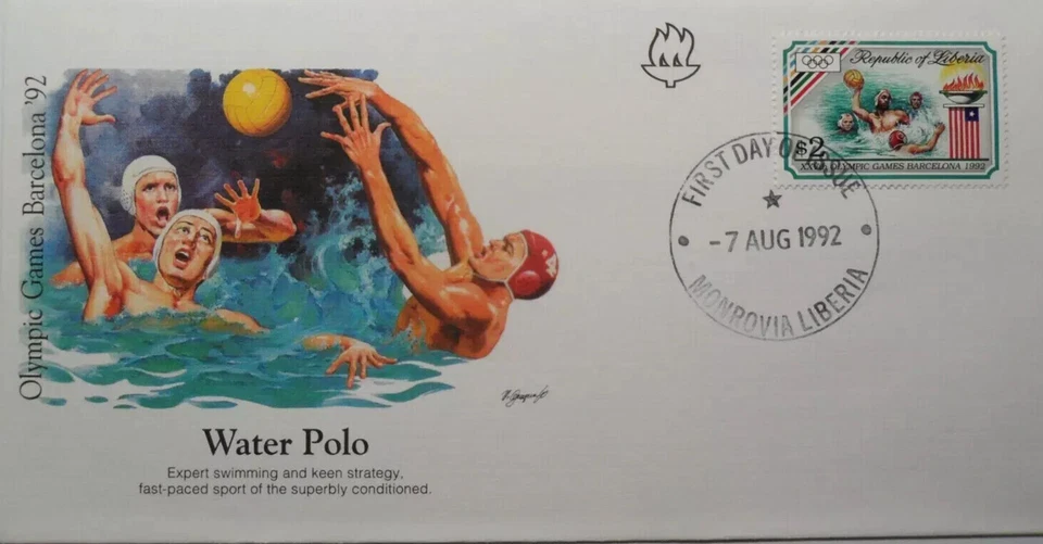 WATER POLO BARCELONA SPAIN 1992 OLYMPIC GAMES FLEETWOOD CACHET FDC LIBERIA UNADD - Image 1 of 1