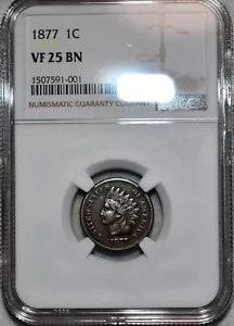 NGC VF-25 BN 1877 Indian Head Cent, Well-detailed, Chocolate-Brown, Key-Date. - Picture 1 of 2