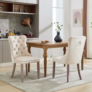 Set of 2 Velvet Fabric Dining Chairs with High Back Wooden Legs for Home Kitchen - Picture 1 of 15