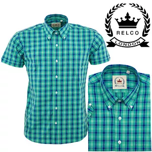 Camisa Mod Relco Para Hombre Verde Azul Cuadros Tartán Manga Corta Cuello Abotonado - Imagen 1 de 4