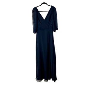 Abito Jenny Packham manica 3/4 blu navy chiffon scollo a V lunghezza pavimento taglia 8 nuovo con etichette - Foto 1 di 14