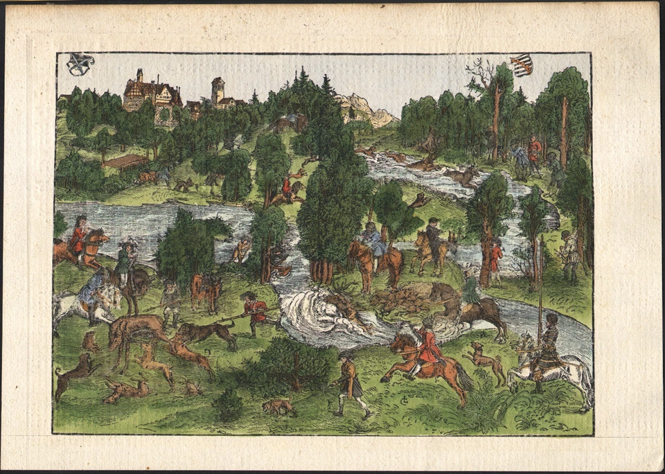 1830 gravure sur bois aquarelllée Chasse au cerf Paysage Allemagne - Photo 1/4