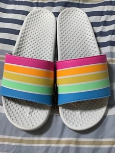 NWT VICTORIA'S SECRET PINK SLIDES WHITE RAINBOW STRIPES MEDIUM  - Picture 1 of 7