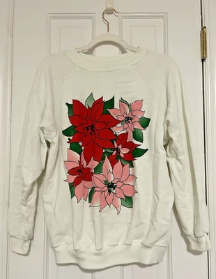 Sudadera vintage de los años 90 Hanes para mujer cuello redondo L blanca con flores de pascua rojas y rosas Foto 1 de 4