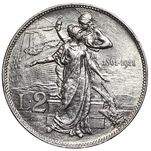 1911 REGNO D'ITALIA MONETA LIRE 2 CINQUANTENARIO ARGENTO MF131125 - Imagen 1 de 2