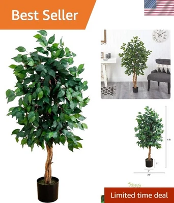 Árbol de ficus artificial triple tronco realista de 4 pies con maceta negra para decoración elegante Foto 1 de 4