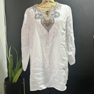 Top donna tunica lino J Jill Love piccolo bianco beige paisley ricamato perline - Foto 1 di 10