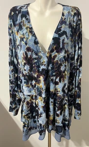 LOGO Women 4X Rayon Jacket Blue Multicolor Chiffon Hem Trim Plus Size - Picture 1 of 10