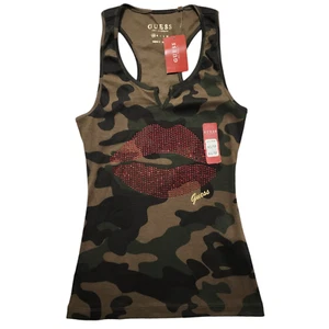 Guess Womens Tank Top Rhinestone Lips Racerback Camouflage Size XS - Picture 1 of 8