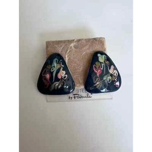 Vintage dead stock triangle black panted floral earrings NWT - Picture 1 of 6