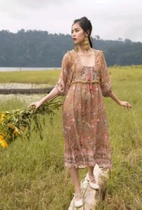 Tulle & Batiste Tian Gypsy Brown Bohemian Festival Hippie Maxi Dress S - Picture 1 of 18