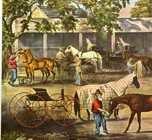 Currier Ives A STOPPING PLACE ON THE ROAD Impresión Vintage Litografía Arte Antiguo - Imagen 1 de 5