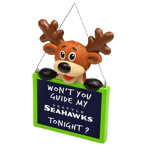 Seattle Seahawks Reindeer with Sign - Resin Holiday Christmas Tree Ornament New - Picture 1 of 1