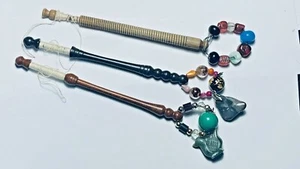 3 Vintage Wooden Bobbin Lace Weights with Beads - Picture 1 of 6