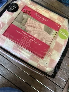 Juicy Couture Plüsch Twin Bettlaken Set Karomuster Weiß Rosa 3tlg NEU Weich - Bild 1 von 6