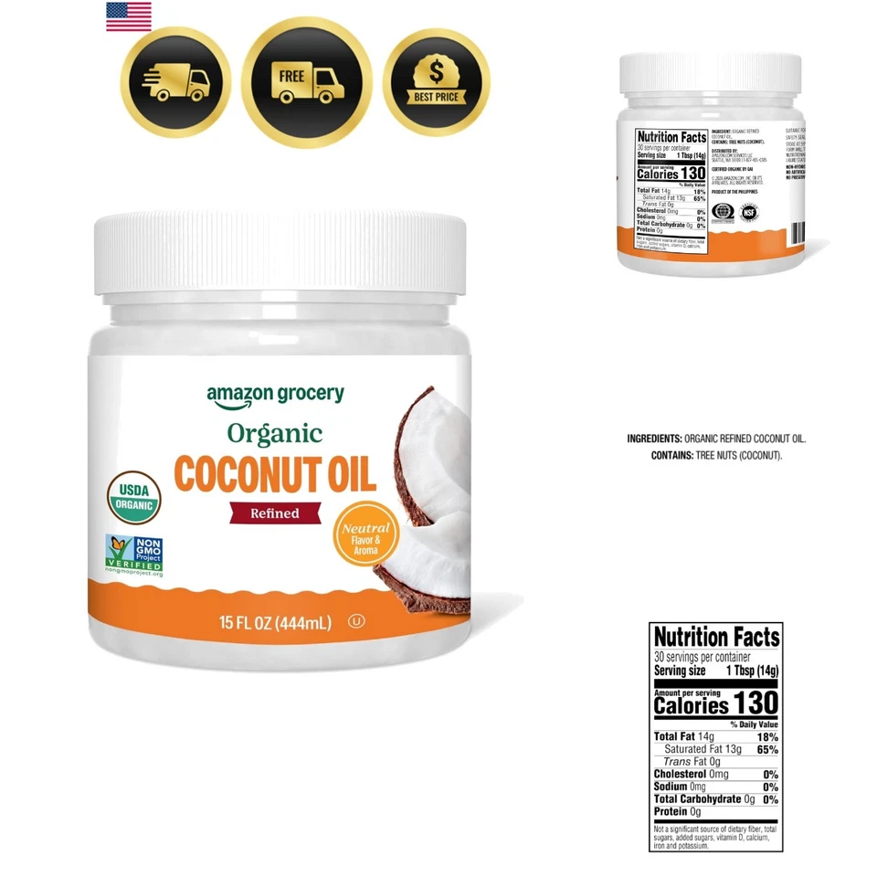 Amazon Fresh Organic Refined Coconut Oil 15 Fl Oz (Previously Happy Belly ...