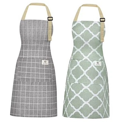 2 Piezas Delantales para Mujer con Bolsillos, Algodón Lino Impermeable Gris/Verde Foto 1 de 4