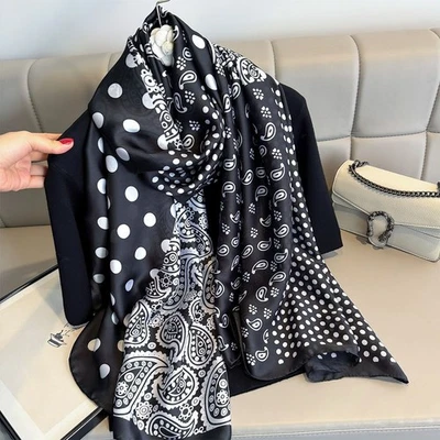 Black White Polka Dot Paisley Patchwork Silk Feel Scarf Shawl Wrap - Image 1 of 3