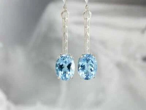 3.50Ct Oval Cut Aquamarine Diamond Drop & Dangle Earrings 14K White Gold Finish - Picture 1 of 5