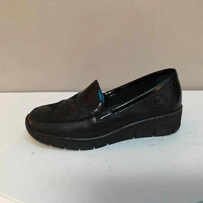 Mocasines Rieker de tacón de cuña de charol de cuero negro Reino Unido 4/UE 37 BNWB Foto 1 de 4