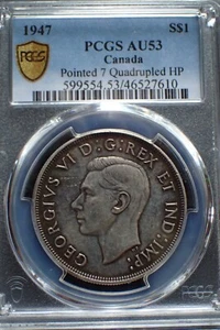 1947 Pointed 7 ( rarer ), QHP, 1 Dollar, AU-53, PCGS, Canada - Picture 1 of 4