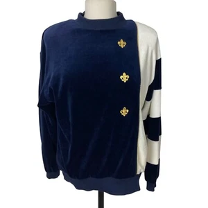 Vintage 80s Velour Top Med Navy White Gold Fleur De Lis Made in USA Sailor Chic - Picture 1 of 9