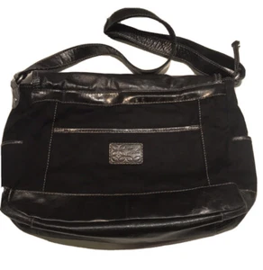EXCELLENT Fossil Satchel Handbag Shoulder Bag Genuine Leather Black Canvas - Picture 1 of 12