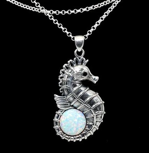 Fire Opal Seahorse Necklace 10mm Round Cabochon .925 Sterling Silver - Picture 1 of 3