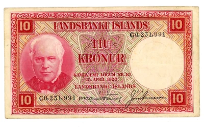 Iceland … P-33b … 10 Kronur … L.1928 ... *VF+*🤩 Prefix "C" - Image 1 of 2