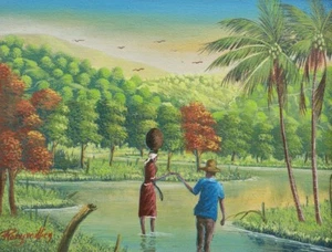 Signed & Original Rony Millien Lovers in the Countryside Haitian Art Painting - Picture 1 of 3