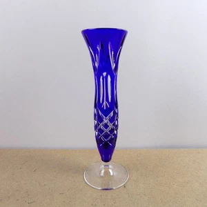 Vintage Bohemian Glass Crystal Cobalt Blue Cut To Clear Bud Vase 8" Tall VGC - Picture 1 of 4