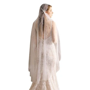 Bridal Veil with Clip 1-Layer Fingertip Length Cut Edge Sheer Tulle Pearls Decor - Picture 1 of 8